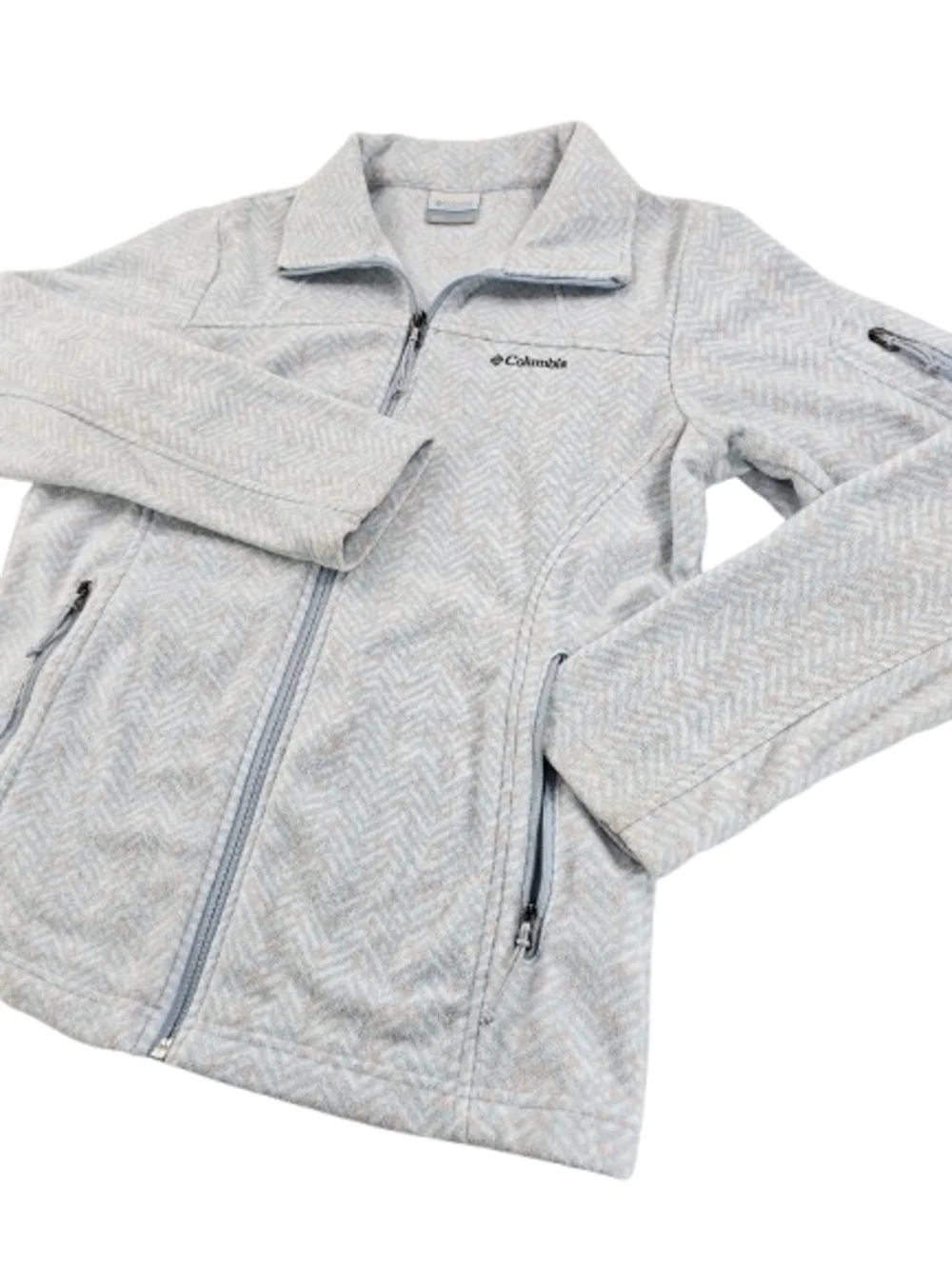 Columbia Fleece Chevron‎ Jacket Full Zip Women's Med White Gray Pink Polka Dots